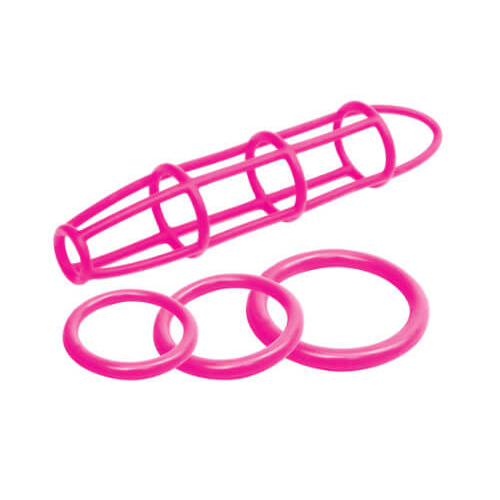 Neon Silicone Cage and Love Ring Set Pink
