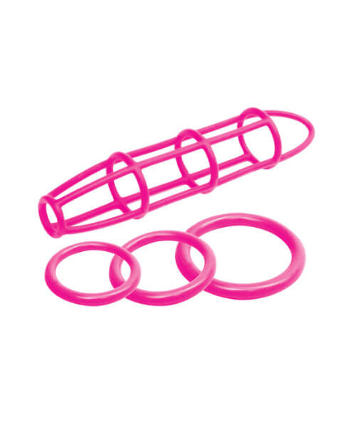 Neon Silicone Cage and Love Ring Set Pink