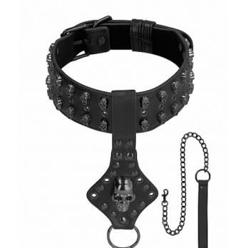 Ouch! Skulls and Bones - Neck Chain with Skulls & Leash - Black