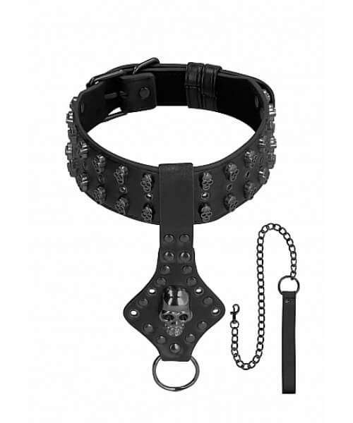Ouch! Skulls and Bones - Neck Chain with Skulls & Leash - Black