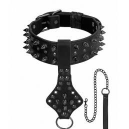 Ouch! Skulls and Bones - Neck Chain with Spikes & Leash - Black