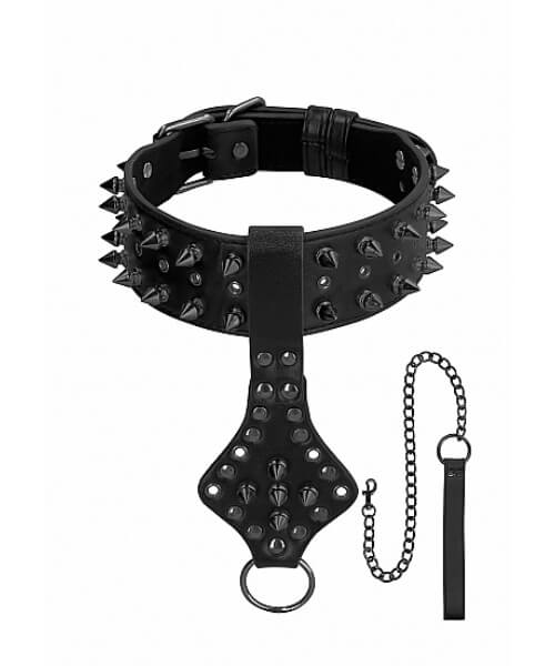 Ouch! Skulls and Bones - Neck Chain with Spikes & Leash - Black