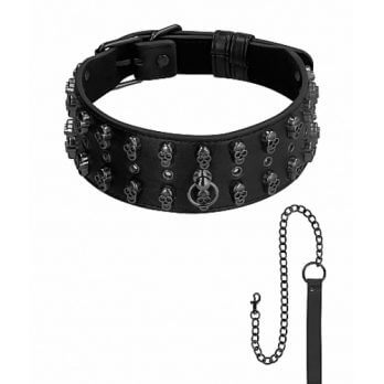 Ouch! Skulls and Bones - Neck Chain with Skulls & Leash - Black