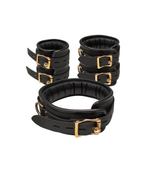 Bound X Padded Cuffs and Collar Set with Brass Hardware