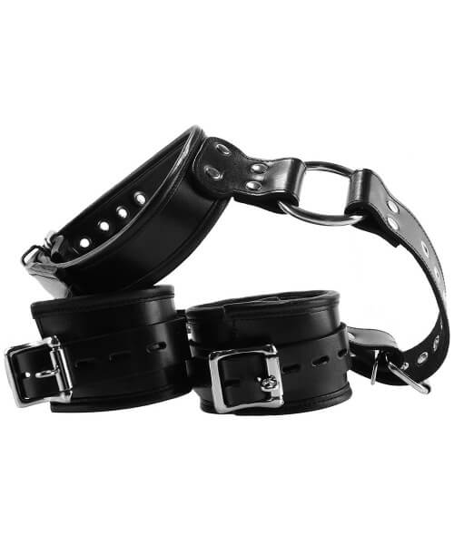 Leather Neck to Wrist Restraint with Padded Cuffs