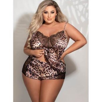 Two Piece Leopard Print Satin and Lace Cami And Tap Short Set STM-11271X-Leopard-1X/2X - Seven Til Midnight